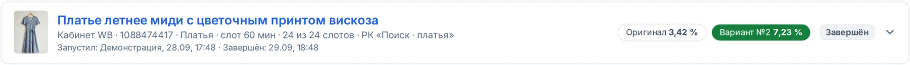 Строка теста в кабинете: CTR оригинала и варианта, тест завершён
